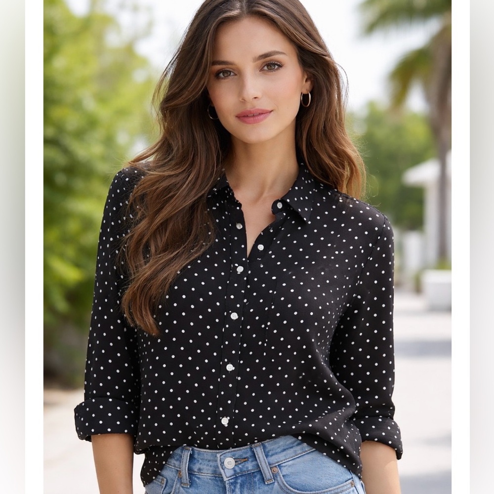 Jones New York Blouse Signature Black White Polka Dot Shirt 100% Cotton Woman 1X